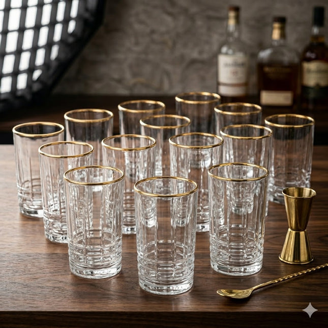 Set 12 Vasos Aurea de Cristal con Borde Dorado