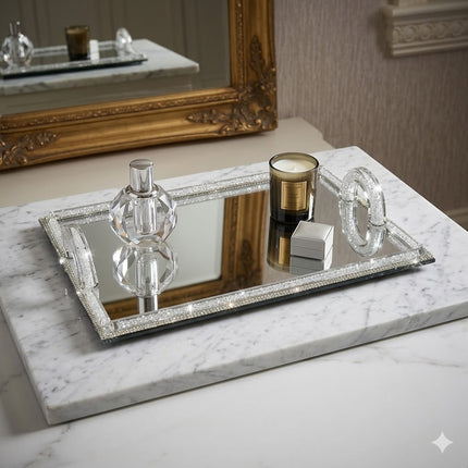 Tabuleiro Decorativo de Cristal com Base de Espelho e Puxadores de Cristal – Tabuleiro Elegante para Decoração ou Serviço