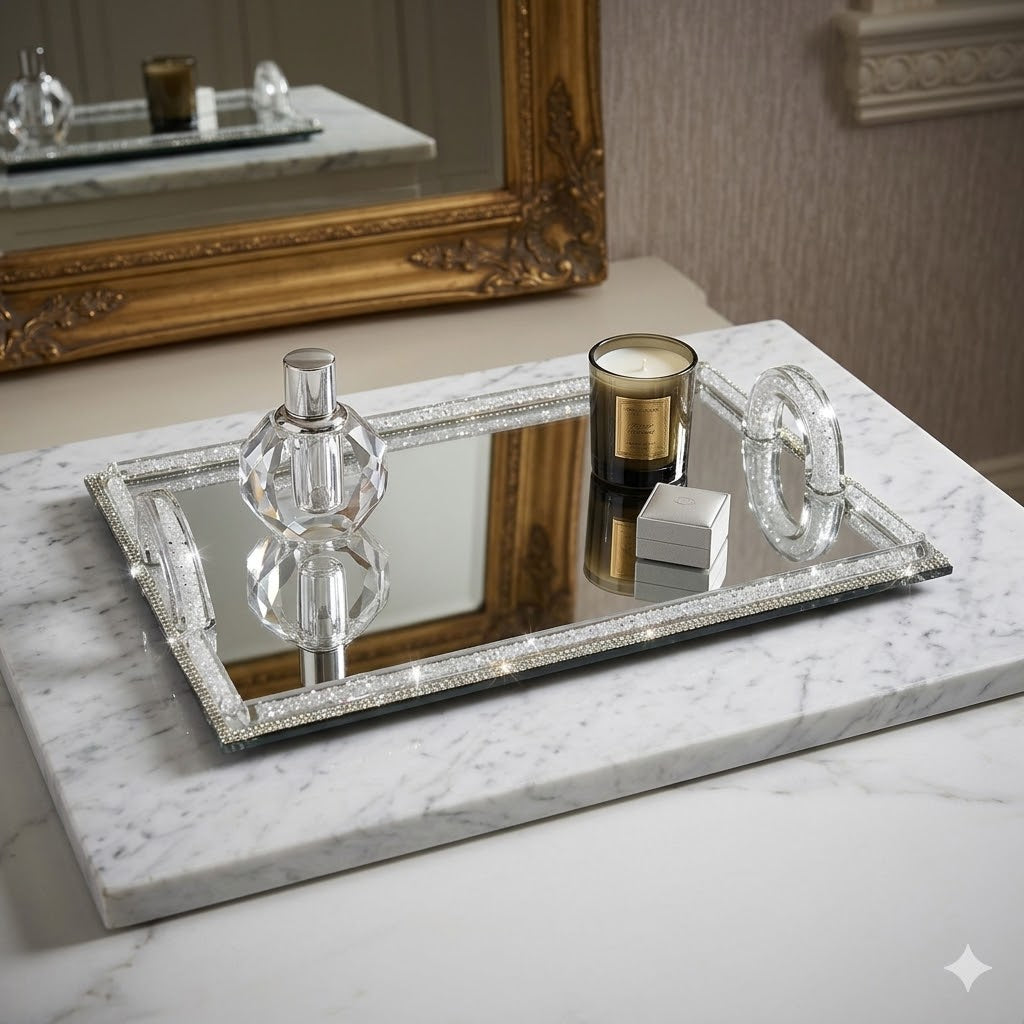 Bandeja Decorativa de Cristal con Base de Espejo y Asas de Cristal – Elegante Bandeja para Decoración o Servicio