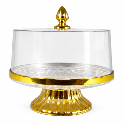 🍰 Suporte para Bolos com Tampa Transparente e Base Dourada – Elegância para as suas Sobremesas ✨