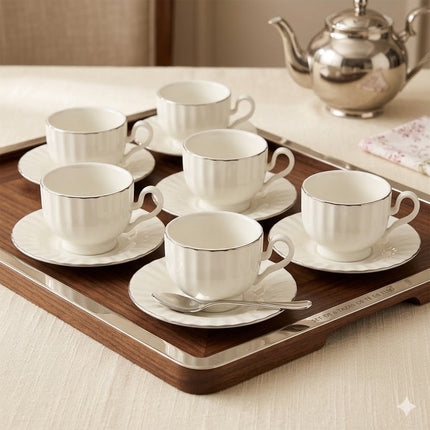 Set de 6 tazas con plato – Porcelana blanca con filo plateado