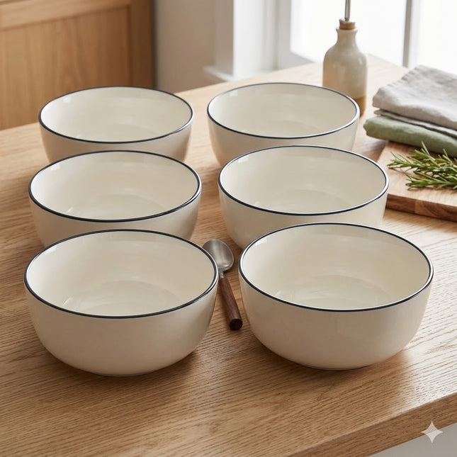 Conjunto de 6 taças em cerâmica branca com rebordo preto – Multiusos para mesa e cozinha.