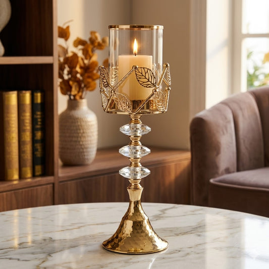 Castiçal alto em vidro e metal dourado com detalhes em folhas – 42 cm