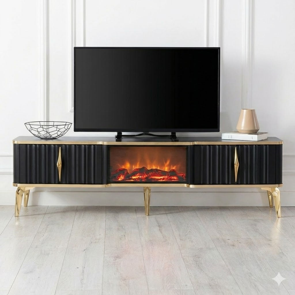 Mesa de TV con chimenea digital - NEGRO Y DORADO