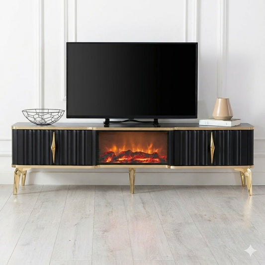 Mesa de TV con chimenea digital - NEGRO Y DORADO