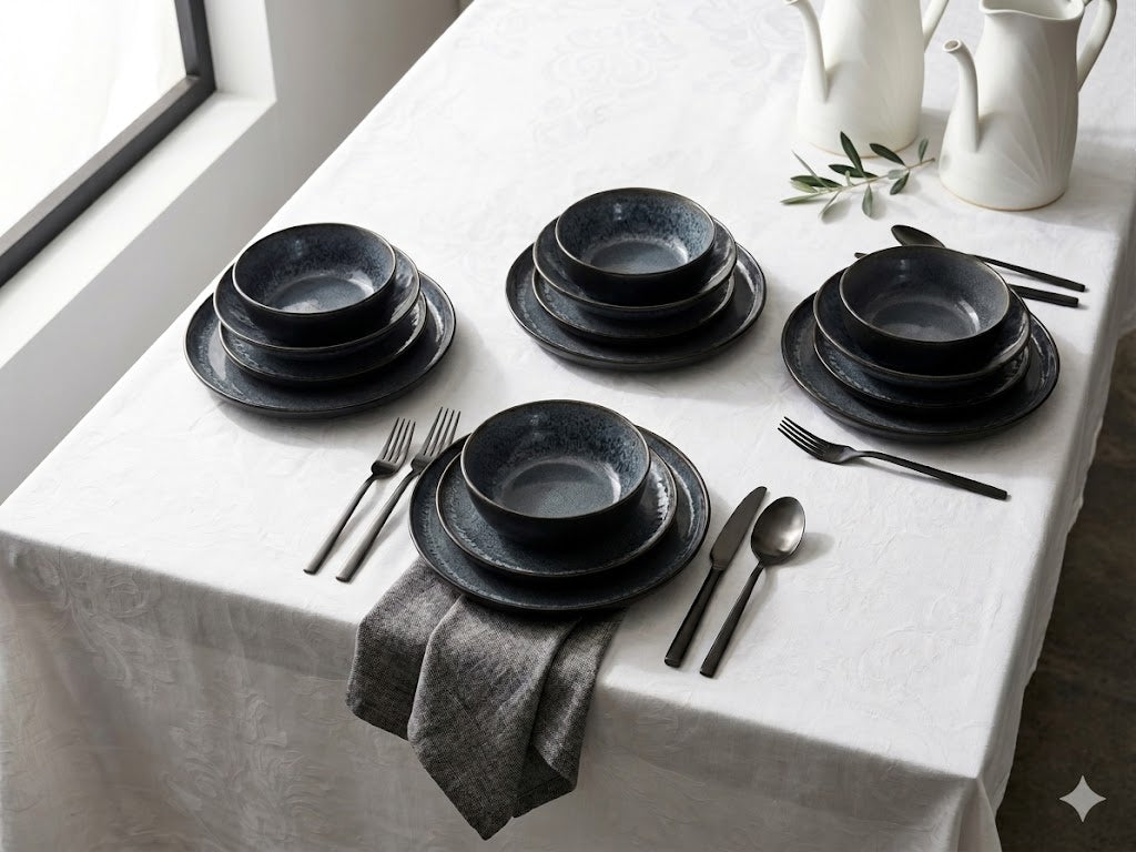 Set de Vajilla Bruma Negra con Interior Gris Jaspeado