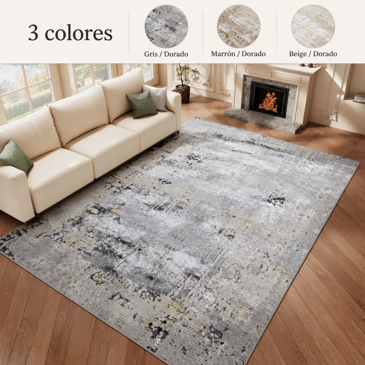 Alfombra Abstract con Detalles Dorados — 3 colores: Beige / Dorado, Gris / Dorado, Marrón / Dorado