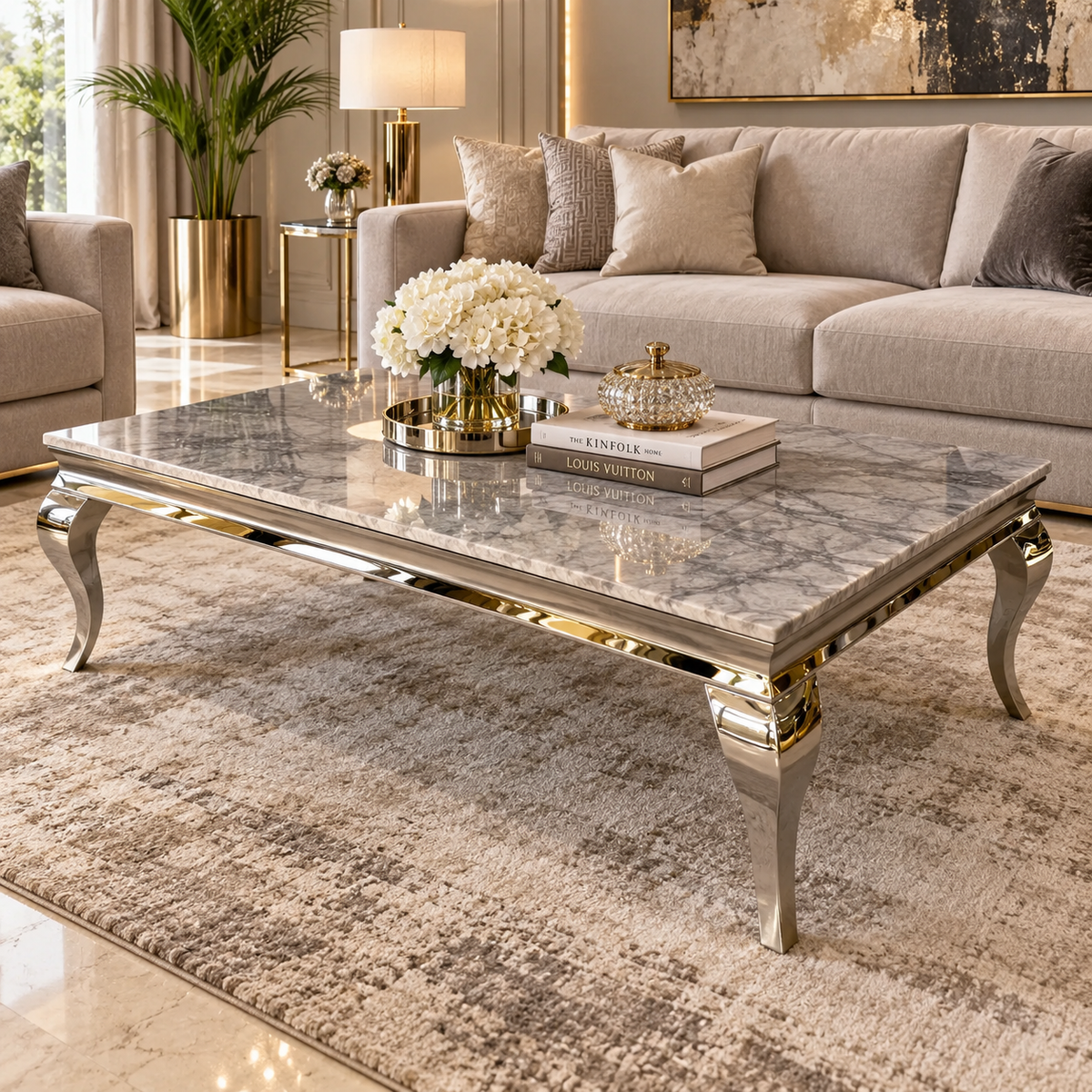 Mesa de Centro Premium de Mármol Gris y Acero Inoxidable Plateado – 130 × 70 × 45 cm