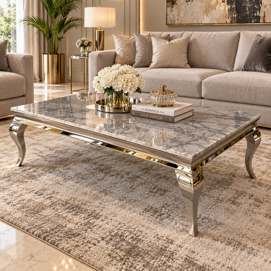 Mesa de Centro Premium de Mármol Gris y Acero Inoxidable Plateado – 130 × 70 × 45 cm