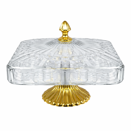 🍬 Bandeja Expositora Cuadrada de Plástico con Tapa y Base Dorada – Elegancia y Organización ✨