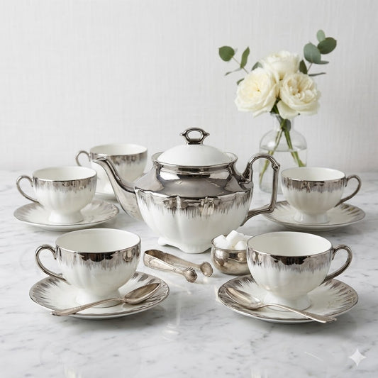 Set de Té de Porcelana Blanca con Detalles Plateados ✨🍵 Incluye Tetera y 6 Tazas con Platos