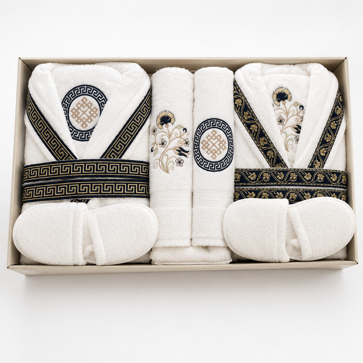 Pack Doble Albornoz Premium 14 Piezas – 2 Albornoces, Toallas y Zapatillas