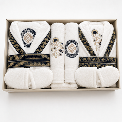 Pack Doble Albornoz Premium 14 Piezas – 2 Albornoces, Toallas y Zapatillas