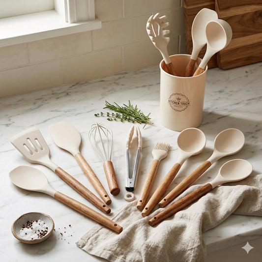Set de 10 Utensilios de Cocina Lina con Soporte, Silicona Crema y Mango Madera