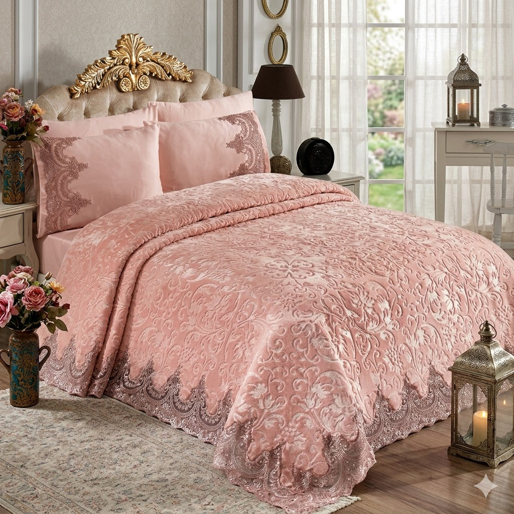 Banu Set de Cama 6 Piezas con Manta de Dibujo en Relieve y Sábanas - COLOR EMPOLVADO