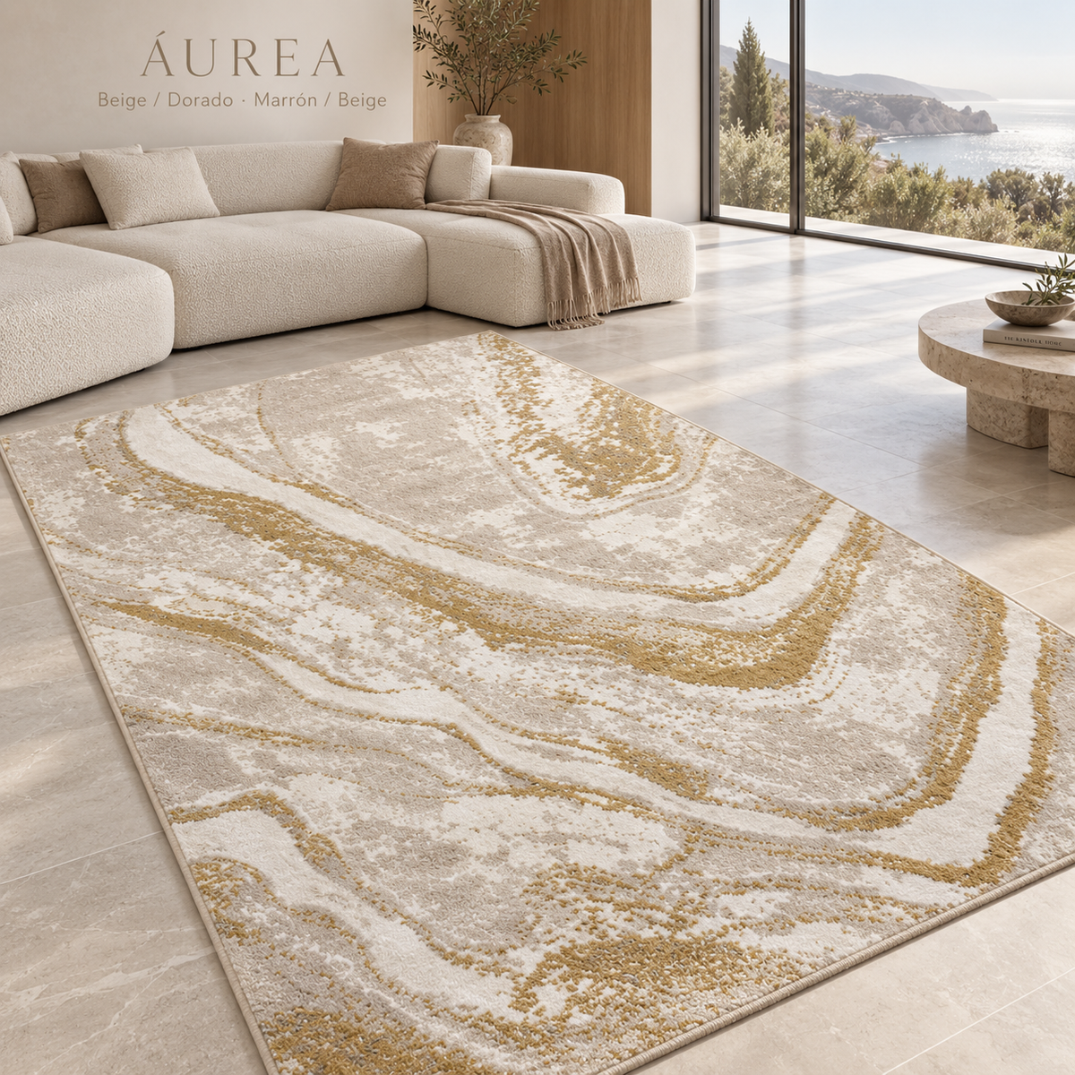Áurea: alfombra Beige / Dorado en salón moderno. También disponible en Marrón / Beige. Ambientación digital.