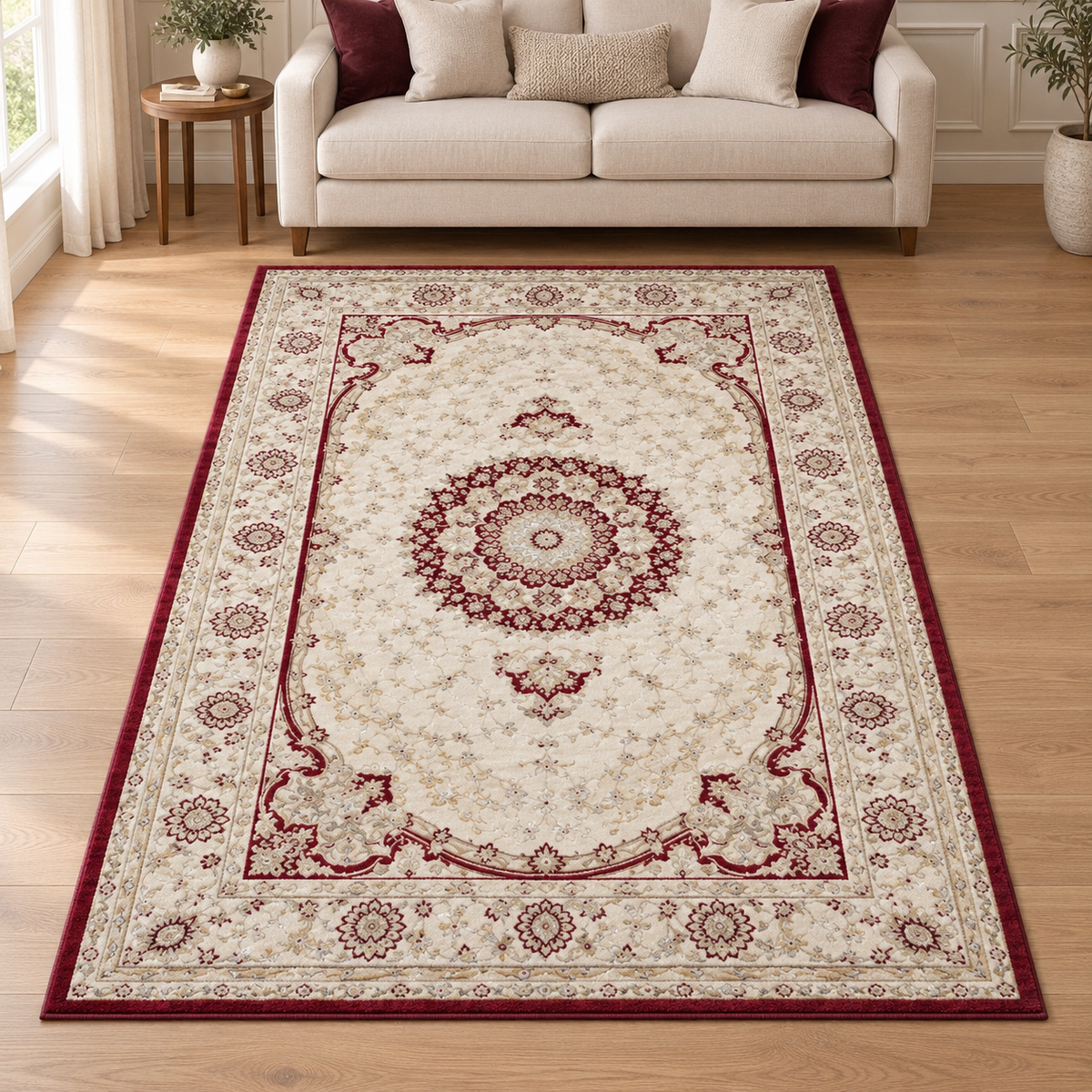 Alfombra Imperial crema y granate en salón elegante — ambientación digital
