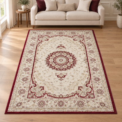 Alfombra Imperial crema y granate en salón elegante — ambientación digital
