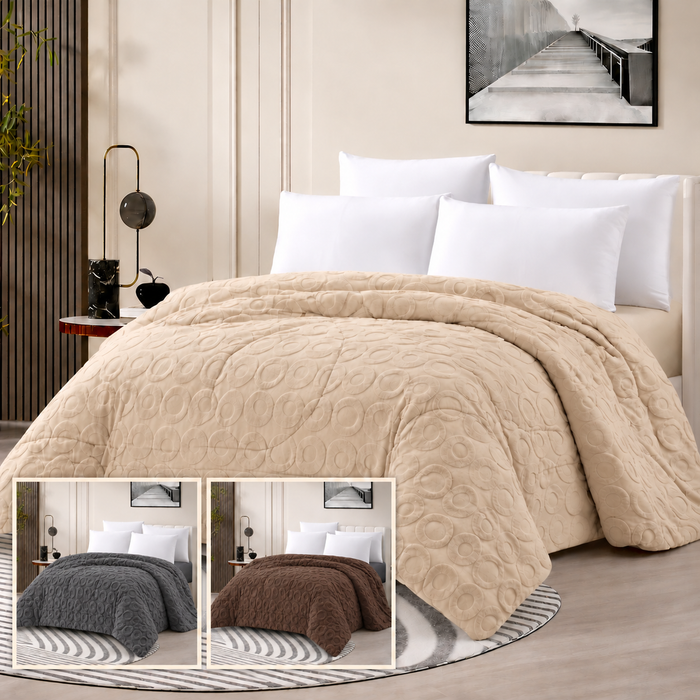 Edredón Aros: tres colores disponibles, beige crema cálido, gris antracita y chocolate