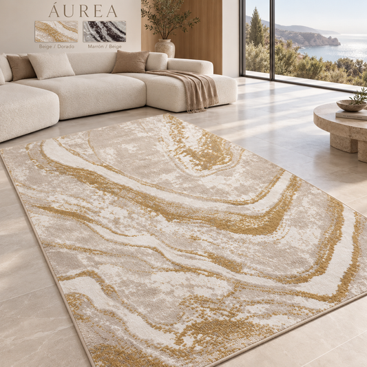 Áurea Beige / Dorado en salón moderno con muestras de los dos colores disponibles. Ambientación digital.