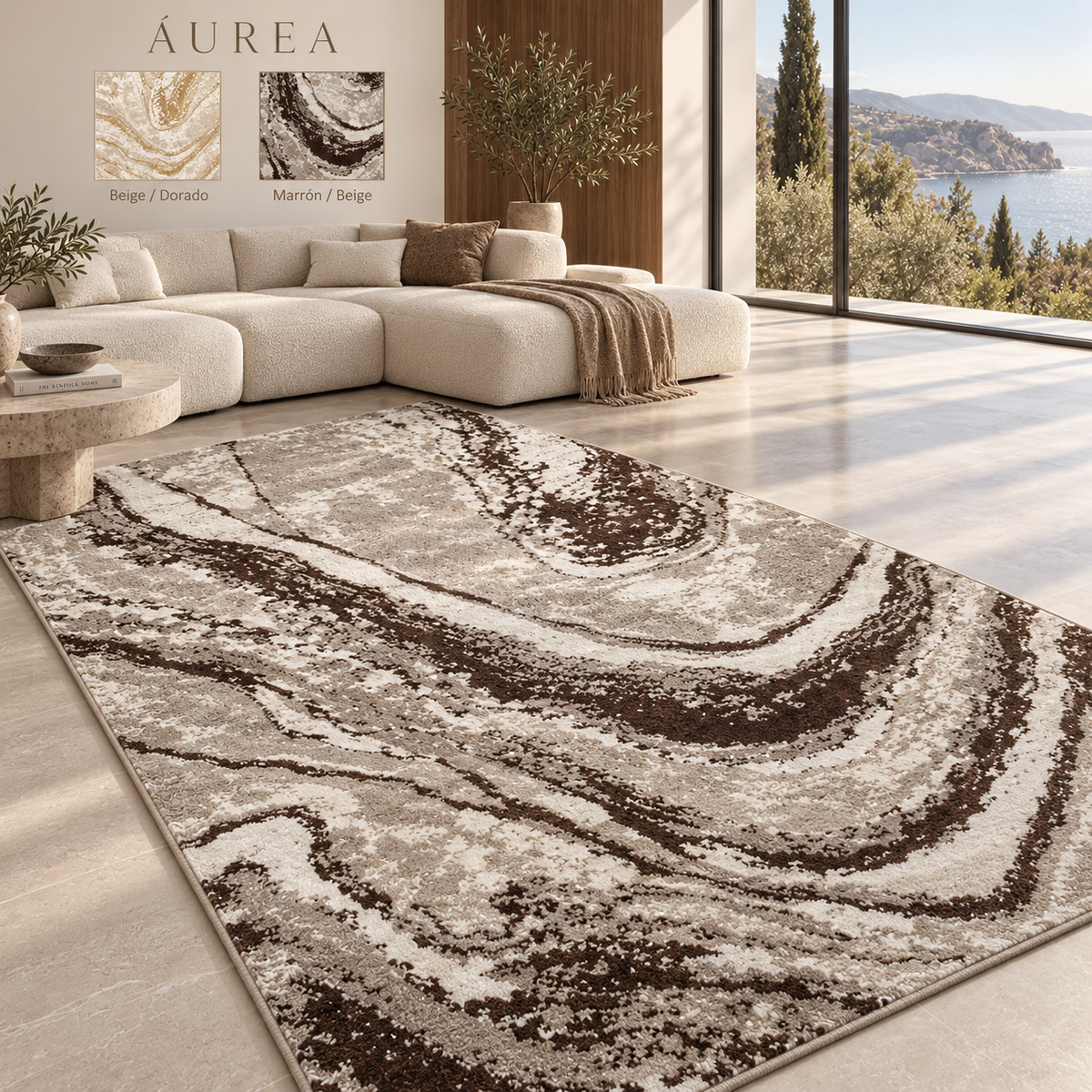 Áurea Marrón / Beige en salón moderno con muestras de los dos colores disponibles. Ambientación digital.