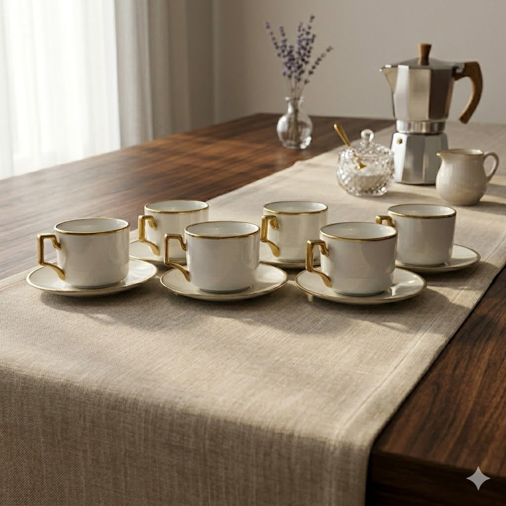 ☕ Set de 6 Tazas con Platillos Blancos y Bordes Dorados – Diseño Moderno y Elegante 💛