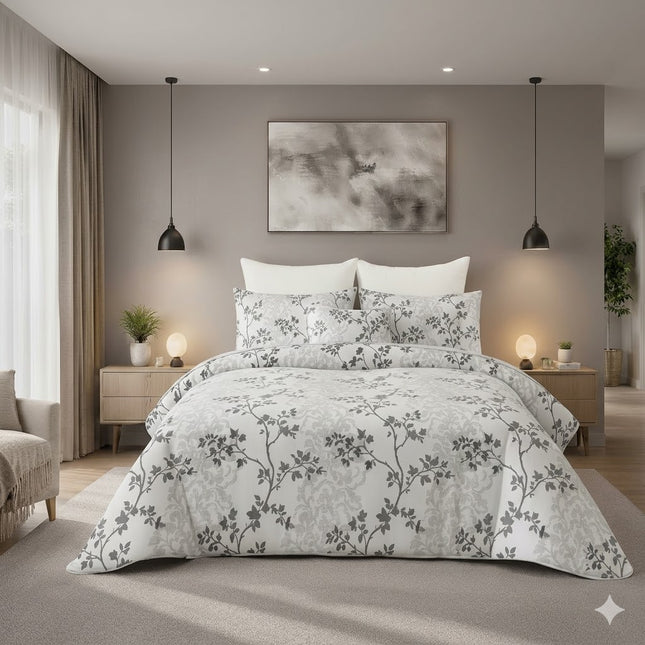 Colcha Diana 2 Floral con Fundas de Almohada – 100% Poliéster - COLOR gris oscuro suave