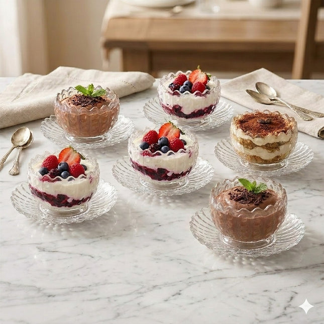 Set of 6 Glass Bowls with Saucer – High Quality (12 Pieces)