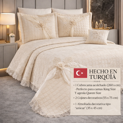 Conjunto de cama de luxo Hayal – colcha acolchoada com renda