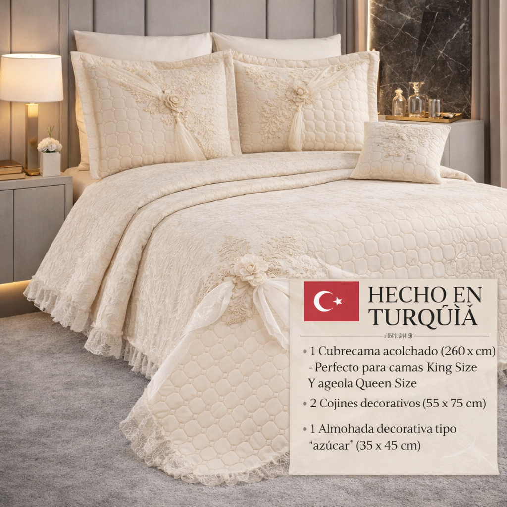 Conjunto de cama de luxo Hayal – colcha acolchoada com renda
