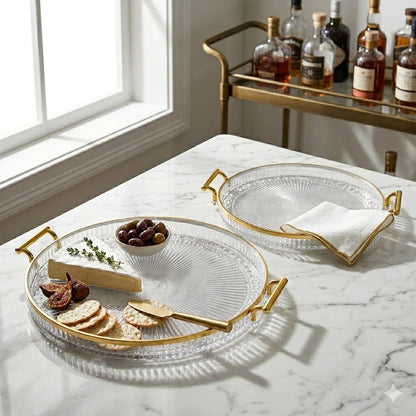 🍽️ Set de 2 Bandejas Redondas Transparentes con Asas Doradas – Estilo y Elegancia en tu Mesa 💛