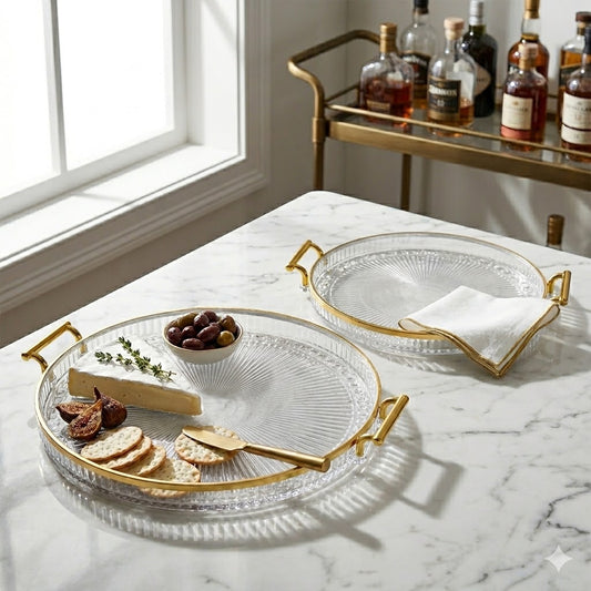 🍽️ Set of 2 Round Transparent Trays with Gold Handles – Style and Elegance on your Table 💛 