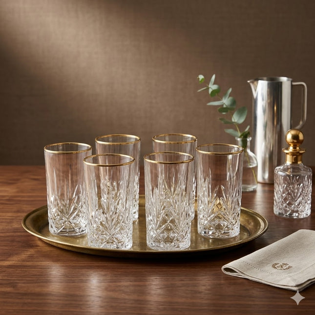 Set de 6 Vasos de Cristal Tallado con Borde Dorado