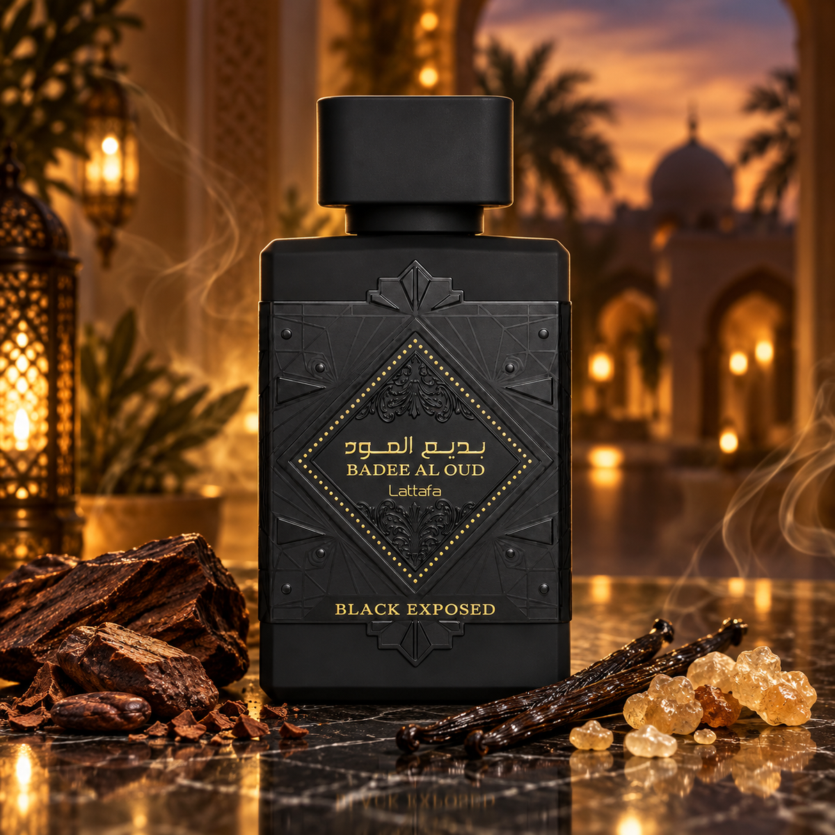 Badee al Oud Black Exposed · 100 ml de Lattafa — frasco de perfume