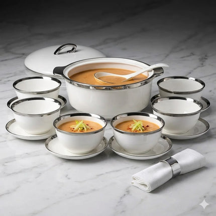 🥣 Set de Sopera de Porcelana Premium con Borde Plateado 2,7L