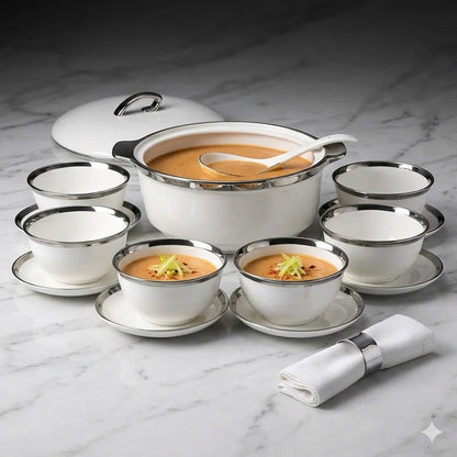 🥣 Set de Sopera de Porcelana Premium con Borde Plateado 2,7L