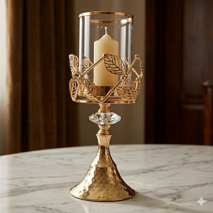 Portavelas Decorativo de Cristal y Metal Dorado con Detalles de Hojas – 25 cm