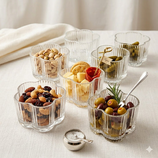 Set de 6 Bowls de Cristal Transparente con Forma de Flor y Estrías Verticales