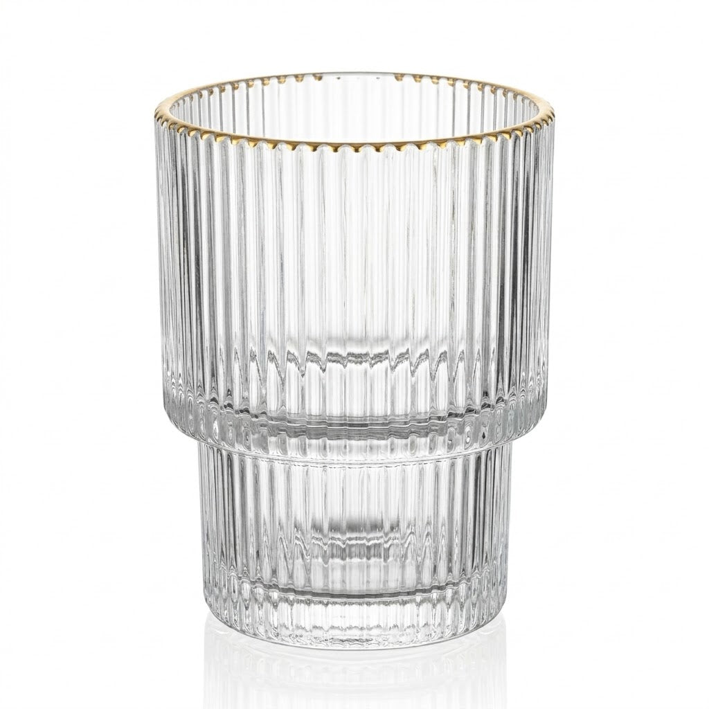🥃 Set de 6 Vasos de Vidrio con Diseño Acanalado y Bordes Dorados– Elegancia para tu Mesa