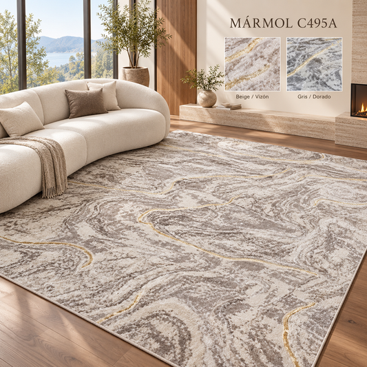 C495A Beige / Vizón en salón moderno, con muestras Beige / Vizón y Gris / Dorado. Ambientación digital basada en fotos reales.