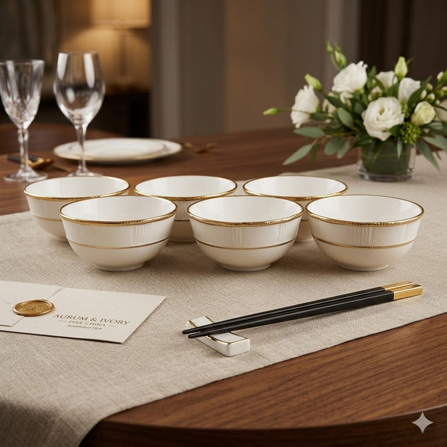 Set of 6 White Porcelain Bowls with Gold Rim Ø14cm✨🍮 Elegant and Classic Style