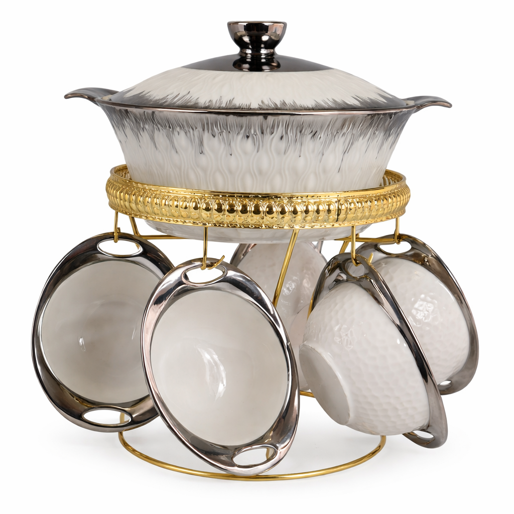 Ceramic Soup Tureen Set with Lid + 6 Bowls with Gold Stand - Elegant White and Silver Style