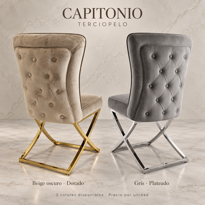 Capitonio de terciopelo: beige oscuro con patas doradas y gris con patas plateadas. Precio por unidad.