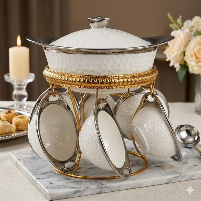 Set de Sopera de Cerámica con Tapadera + 6 Cuencos con Soporte Dorado -2,7L- Diseño Martillado Blanco y Plateado