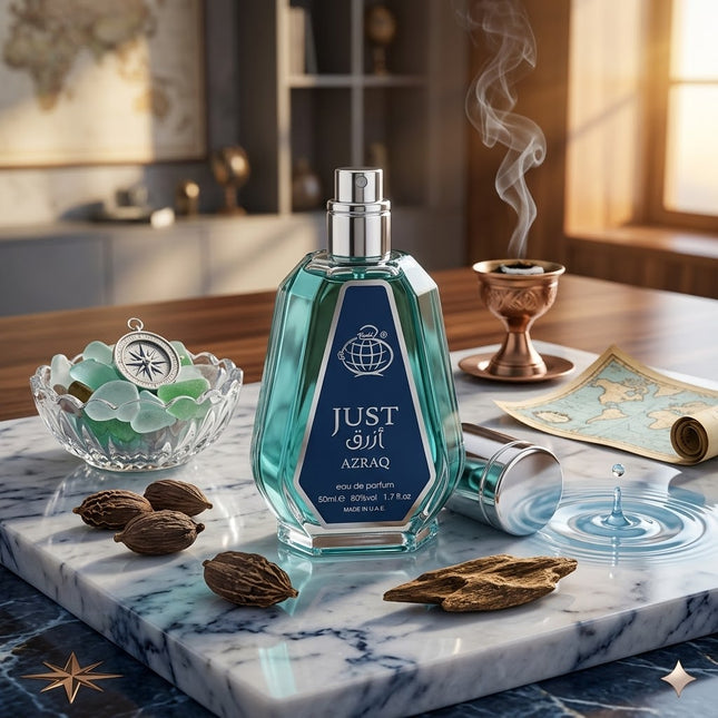 Just Azraq (50ml) de Fragrance World: El Perfume Árabe Masculino de Larga Duración Perfecto para Uso Diario y Oficina