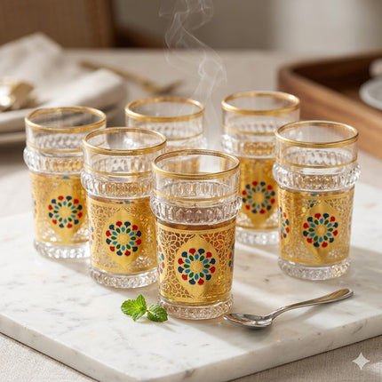 Taças de chá marroquinas em cristal dourado | Motivo Zellige multicolorido 
