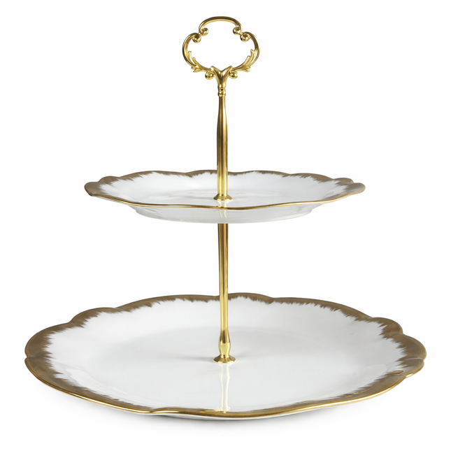 Soporte de 2 Pisos para Dulces y Aperitivos 🍰✨ Porcelana Blanca con Borde Dorado