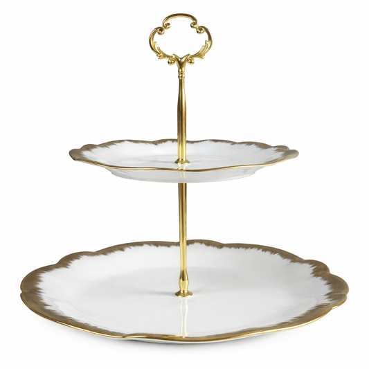 Soporte de 2 Pisos para Dulces y Aperitivos 🍰✨ Porcelana Blanca con Borde Dorado