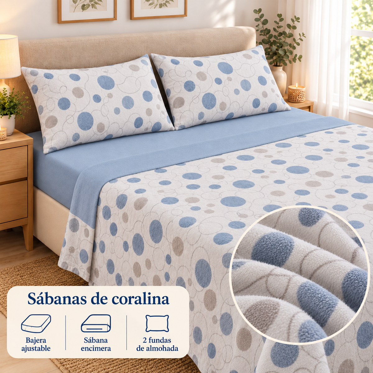Sábanas de coralina Círculos – Azul; ambientación y detalle ilustrativo del tejido