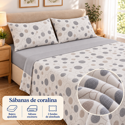Sábanas de coralina Círculos – Gris; ambientación y detalle ilustrativo del tejido